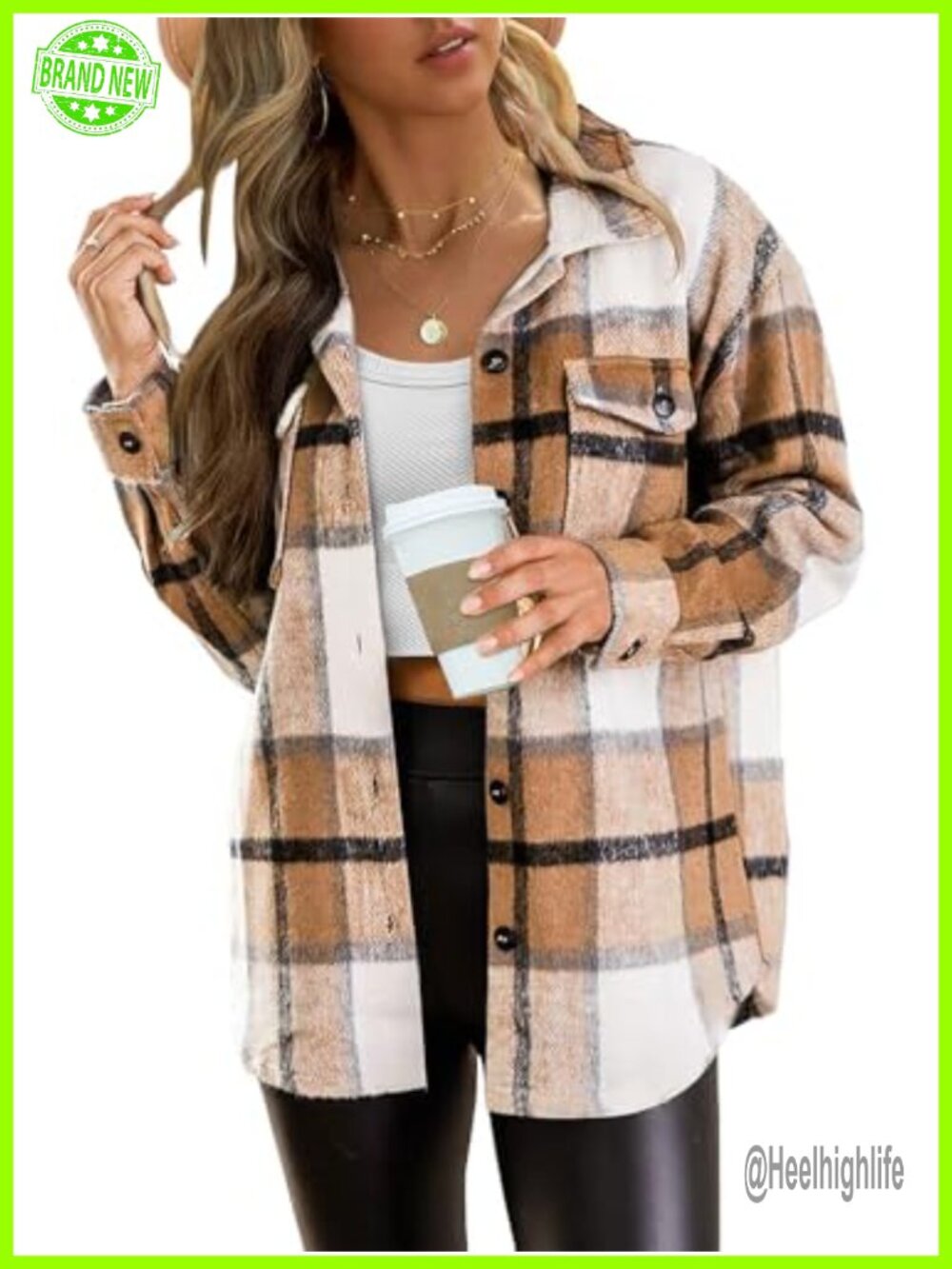AUTOMET Plaid Flannel Shacket Button Down Shirt Loose Fit Collared